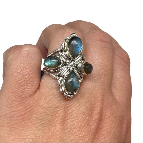 Blue Fire Flash Labradorite Ring Size 7.5 Solid Sterling Silver 925 Statement - Picture 6 of 12